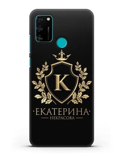 Именной чехол с геральдическим щитом и короной с золотым рисунком силиконовый для Honor 9A