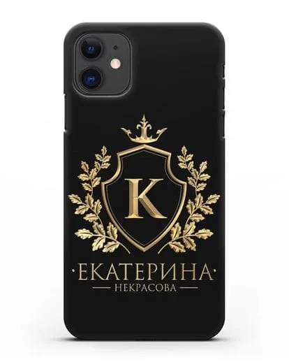Именной чехол с геральдическим щитом и короной с золотым рисунком силиконовый для iPhone 11