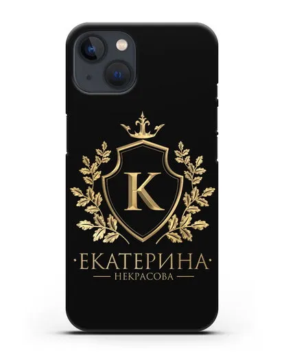 Именной чехол с геральдическим щитом и короной с золотым рисунком силиконовый для iPhone 13