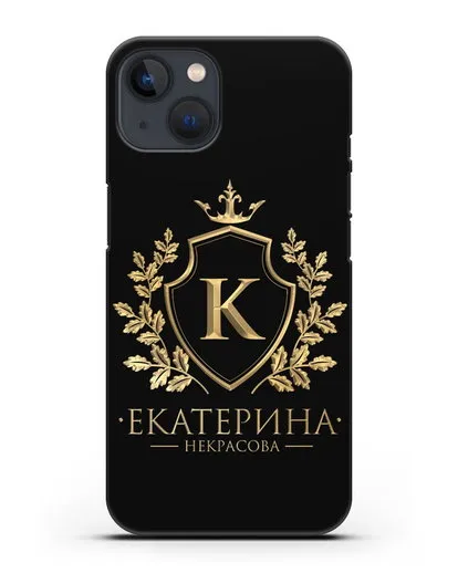 Именной чехол с геральдическим щитом и короной с золотым рисунком силиконовый для iPhone 13 Mini