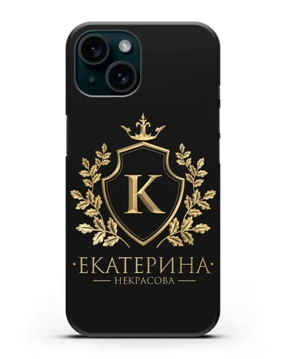 Именной чехол с геральдическим щитом и короной с золотым рисунком силиконовый для iPhone 15