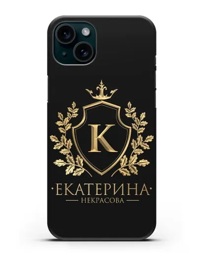 Именной чехол с геральдическим щитом и короной с золотым рисунком силиконовый для iPhone 15 Plus