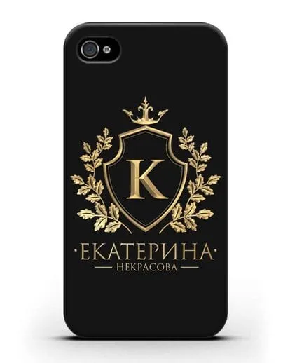 Именной чехол с геральдическим щитом и короной с золотым рисунком силиконовый для iPhone 4/4s