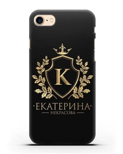 Именной чехол с геральдическим щитом и короной с золотым рисунком силиконовый для iPhone 7