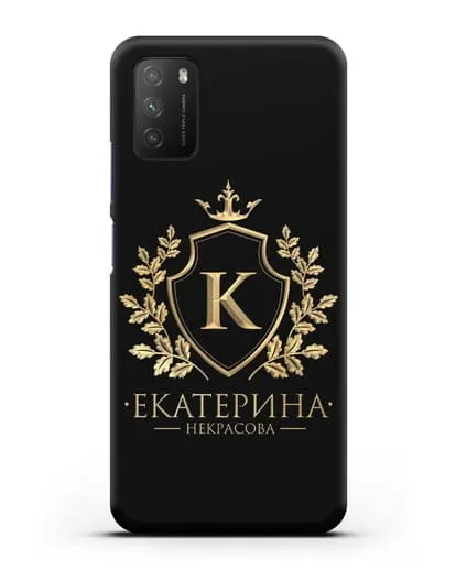 Именной чехол с геральдическим щитом и короной с золотым рисунком силиконовый для Xiaomi Poco M3