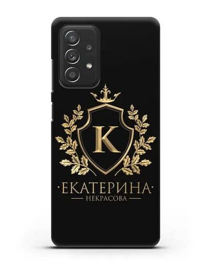 Именной чехол с геральдическим щитом и короной с золотым рисунком силиконовый для Samsung Galaxy A53