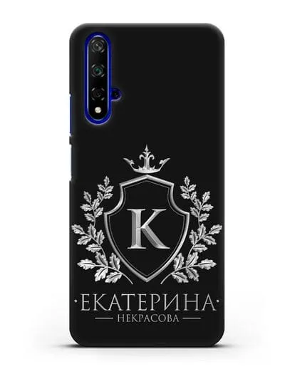Именной чехол с геральдическим щитом и короной с серебряным рисунком силиконовый для Honor 20