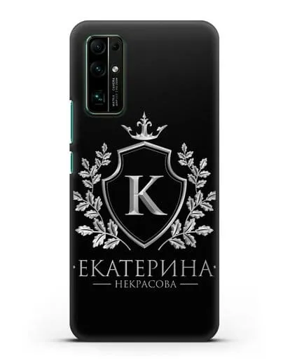 Именной чехол с геральдическим щитом и короной с серебряным рисунком силиконовый для Honor 30