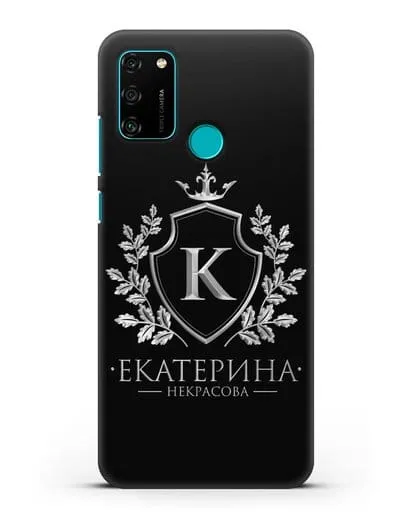 Именной чехол с геральдическим щитом и короной с серебряным рисунком силиконовый для Honor 9A