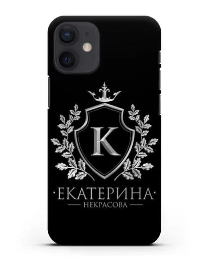 Именной чехол с геральдическим щитом и короной с серебряным рисунком силиконовый для iPhone 12 mini