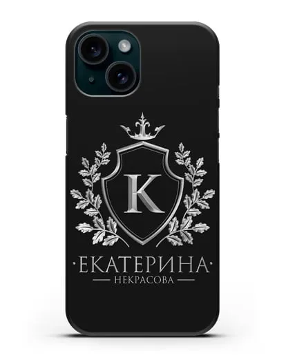 Именной чехол с геральдическим щитом и короной с серебряным рисунком силиконовый для iPhone 15