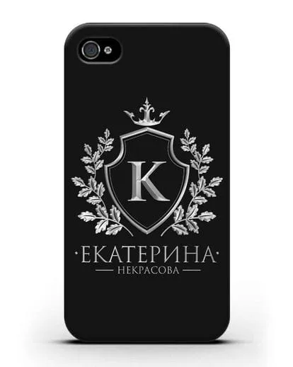 Именной чехол с геральдическим щитом и короной с серебряным рисунком силиконовый для iPhone 4/4s
