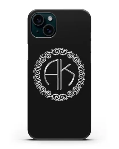 Именной чехол с монограммой с серебряным рисунком силиконовый для iPhone 15 Plus