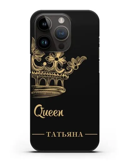 Именной чехол с короной парный женский с фамилией и надписью Queen силиконовый для iPhone 14 Pro