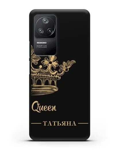 Именной чехол с короной парный женский с фамилией и надписью Queen силиконовый для Xiaomi Poco F4