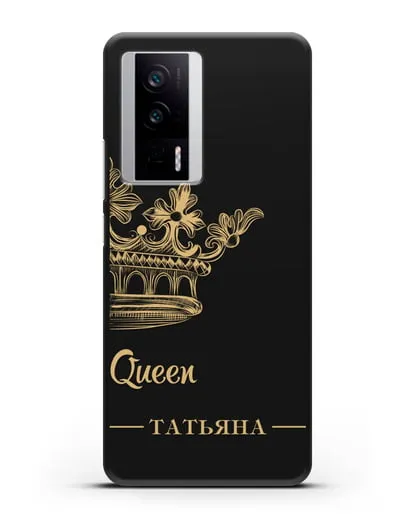 Именной чехол с короной парный женский с фамилией и надписью Queen силиконовый для Xiaomi Poco F5 Pro