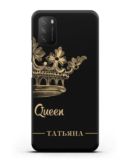 Именной чехол с короной парный женский с фамилией и надписью Queen силиконовый для Xiaomi Poco M3