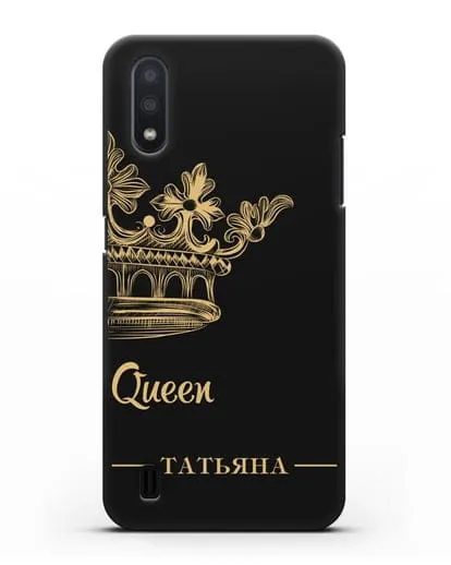 Именной чехол с короной парный женский с фамилией и надписью Queen силиконовый для Samsung Galaxy A01 [SM-A015F]