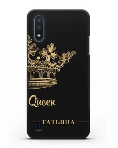 Именной чехол с короной парный женский с фамилией и надписью Queen силиконовый для Samsung Galaxy M01 [SM-M015F]