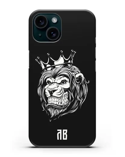 Чехол Лев с короной с инициалами, фамилией силиконовый для iPhone 15