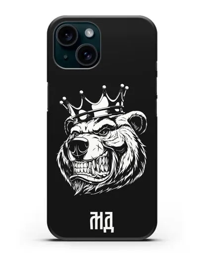 Чехол Медведь с короной с инициалами, фамилией силиконовый для iPhone 15