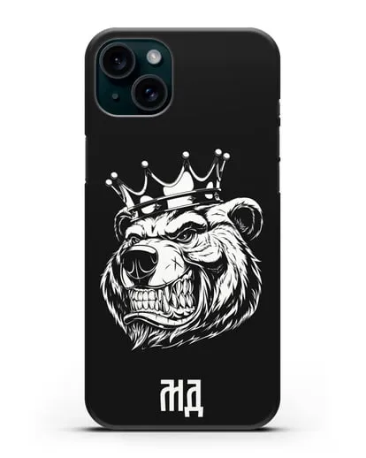 Чехол Медведь с короной с инициалами, фамилией силиконовый для iPhone 15 Plus