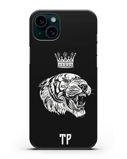 Чехол Тигр с короной с инициалами, фамилией силиконовый для iPhone 15 Plus