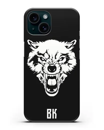 Чехол Волк с короной с инициалами, фамилией силиконовый для iPhone 15