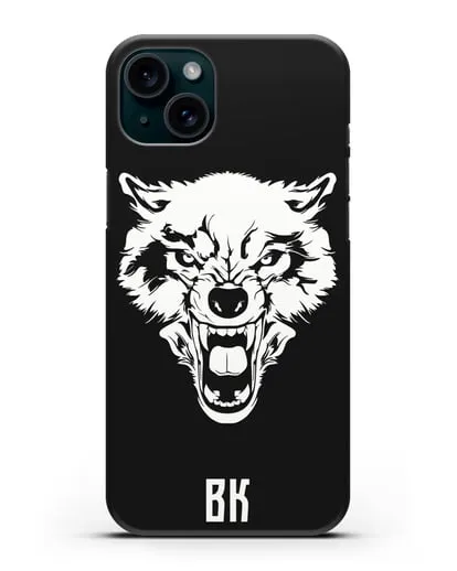 Чехол Волк с короной с инициалами, фамилией силиконовый для iPhone 15 Plus