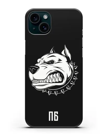 Чехол Питбуль с инициалами, фамилией силиконовый для iPhone 15 Plus