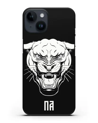 Чехол Пантера с инициалами, фамилией силиконовый для iPhone 14