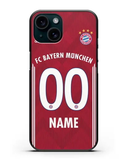Именной чехол Бавария Мюнхен с фамилией и номером (сезон 2018-2019) красная форма силиконовый для iPhone 15