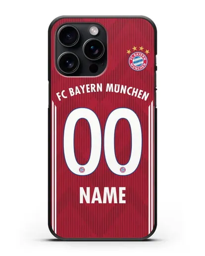 Именной чехол Бавария Мюнхен с фамилией и номером (сезон 2018-2019) красная форма силиконовый для iPhone 15 Pro Max
