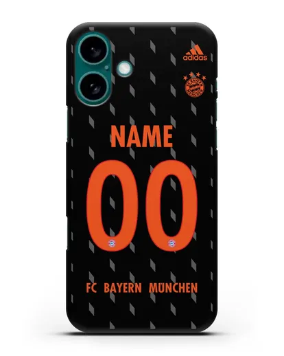 Именной чехол Бавария Мюнхен с фамилией и номером (сезон 2019-2020) черная форма силиконовый для iPhone 16 Plus