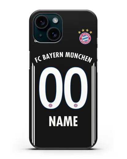 Именной чехол Бавария Мюнхен с фамилией и номером (сезон 2018-2019) черная форма силиконовый для iPhone 15