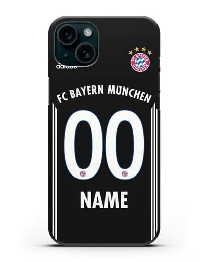 Именной чехол Бавария Мюнхен с фамилией и номером (сезон 2018-2019) черная форма силиконовый для iPhone 15 Plus