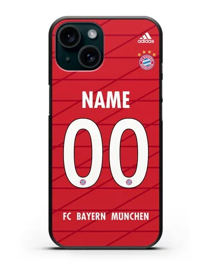 Именной чехол Бавария Мюнхен с фамилией и номером (сезон 2019-2020) красная форма силиконовый для iPhone 15