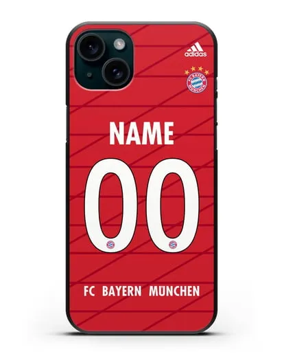 Именной чехол Бавария Мюнхен с фамилией и номером (сезон 2019-2020) красная форма силиконовый для iPhone 15 Plus