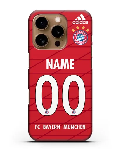 Именной чехол Бавария Мюнхен с фамилией и номером (сезон 2019-2020) красная форма силиконовый для iPhone 16 Pro