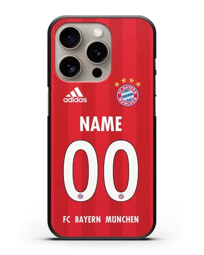 Именной чехол ФК Бавария Мюнхен с фамилией и номером (сезон 2020-2021) домашняя форма силиконовый для iPhone 15 Pro