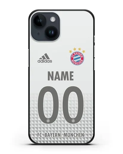 Именной чехол ФК Бавария Мюнхен с фамилией и номером (сезон 2020-2021) гостевая форма силиконовый для iPhone 14