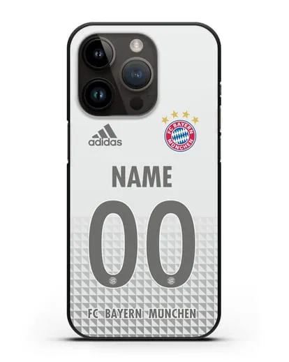Именной чехол ФК Бавария Мюнхен с фамилией и номером (сезон 2020-2021) гостевая форма силиконовый для iPhone 14 Pro