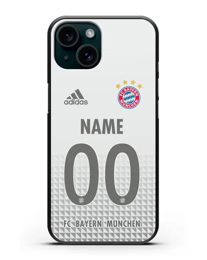 Именной чехол ФК Бавария Мюнхен с фамилией и номером (сезон 2020-2021) гостевая форма силиконовый для iPhone 15