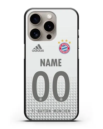 Именной чехол ФК Бавария Мюнхен с фамилией и номером (сезон 2020-2021) гостевая форма силиконовый для iPhone 15 Pro