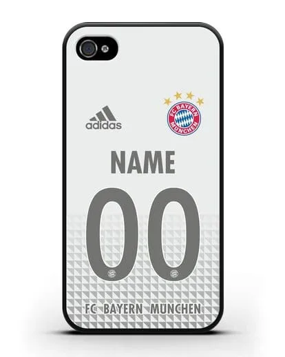 Именной чехол ФК Бавария Мюнхен с фамилией и номером (сезон 2020-2021) гостевая форма силиконовый для iPhone 4/4s
