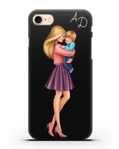 Чехол с иллюстрацией Мама блондинка с сыном и инициалами силиконовый для iPhone 7