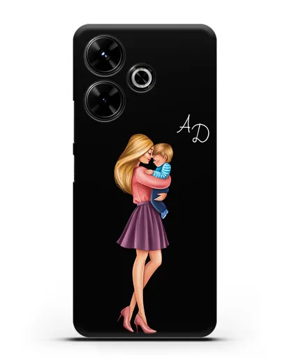 Чехол с иллюстрацией Мама блондинка с сыном и инициалами силиконовый для Xiaomi Poco M6