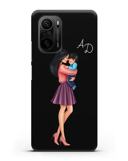 Чехол с иллюстрацией Мама брюнетка с сыном и инициалами силиконовый для Xiaomi Poco F3