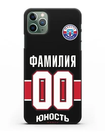 Именной чехол ХК Юность-Минск с фамилией и номером (сезон 2018-2019) черная форма силиконовый для iPhone 11 Pro Max