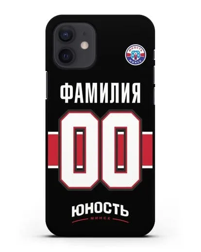 Именной чехол ХК Юность-Минск с фамилией и номером (сезон 2018-2019) черная форма силиконовый для iPhone 12